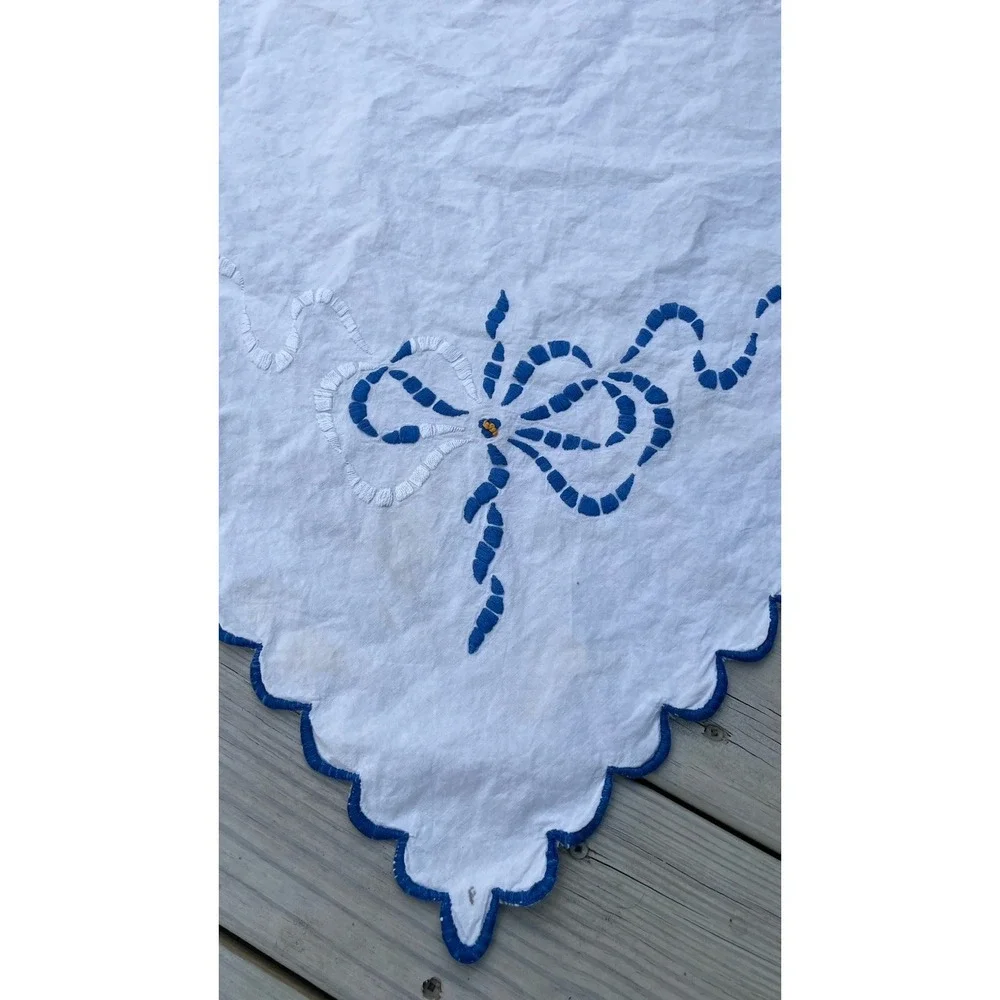 Vintage Art Deco Era Scalloped Linen Embroidered Tablecloth Lady Flapper Blue